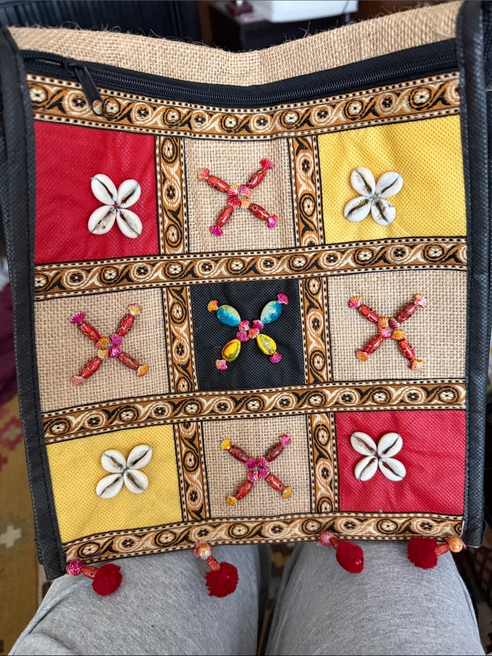 Embellished Jute Patchwork Tote with Shell & Bead Accents - Red Yellow Black